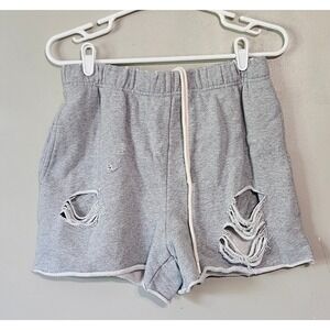 Good American Distressed Sweat Shorts Heather Grey Elastic Cotton Fleece Size 2